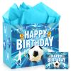 Soccer Birthday Gift Bag for Boys, Blue Soccer Wrapping Paper Favors Bags with Tissue Paper Card Large Soccer Ball Birthday Goodie Treat Bags for Sport Theme Baby Shower Party Decorations Supplies view 1