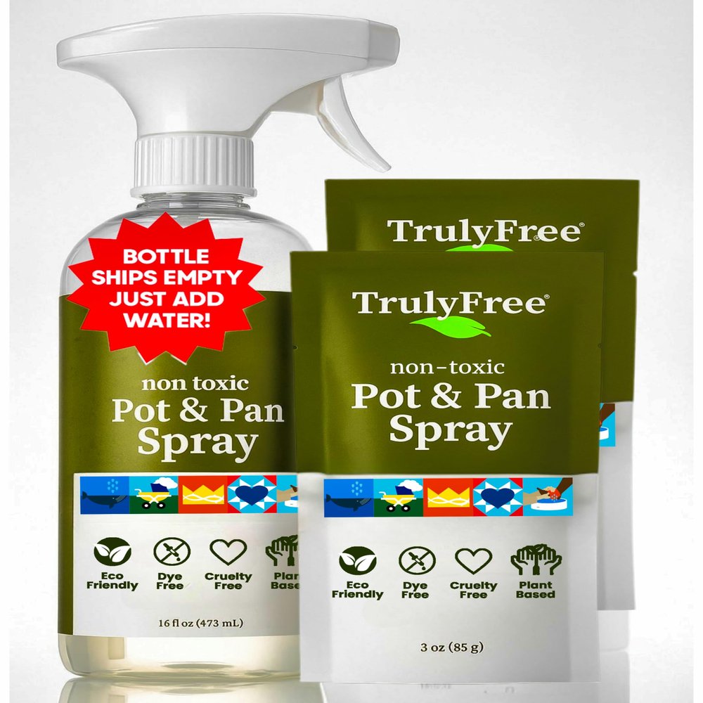 Truly Free Heavy Duty Pot & Pan Spray - Powerful Foaming Grease Remover, Multi-Purpose Kitchen Cleaner Spray Degreaser for Oven, Stoves, Grill & More, Citrus Scent - Includes 1 Empty Bottle & 2 Refill