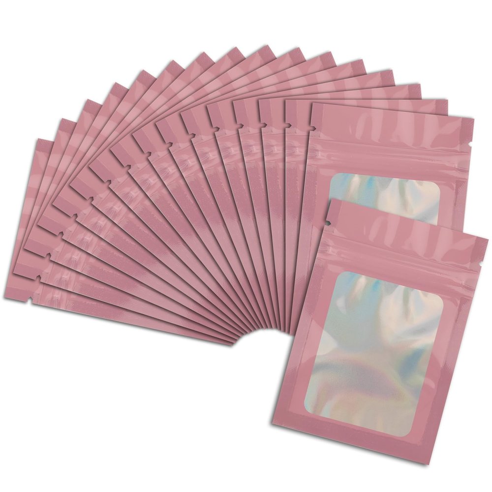 100 Pcs Pink Mylar Bags 2.7x3.9 Inch with Clear Window - Holographic Resealable Foil Pouch Packaging for Food Storage, Jewelry, Lip Gloss, and Small Business Use