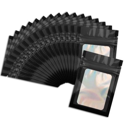 100 Pcs Black Mylar Bags 2.7x3.9 Inch with Clear Window - Holographic Resealable Foil Pouch Packaging for Food Storage, Jewelry, Lip Gloss, and Small Business Use