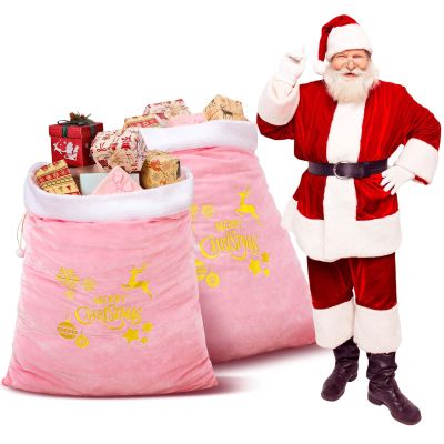 Abbylike 2 Pcs Christmas Jumbo Santa Gift Sacks with Drawstring Extra Large Velvet Bag Oversized Gift Bag with Reindeer Snowflake for Christmas Holiday Gift Giving and Party Decor, 27 x 40 Inch (Pink)