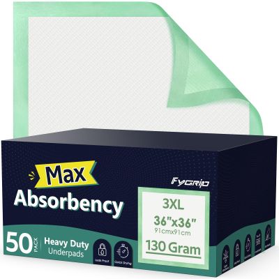 Fygrip 50 Count Hospital Grade 130 Gram 36 x 36 Max Absorbency Disposable Underpads, Leakproof Quick Drying XXXL Bed Pads Disposable for Adults, Kids, Pets Incontinence Pads, Pee Pads