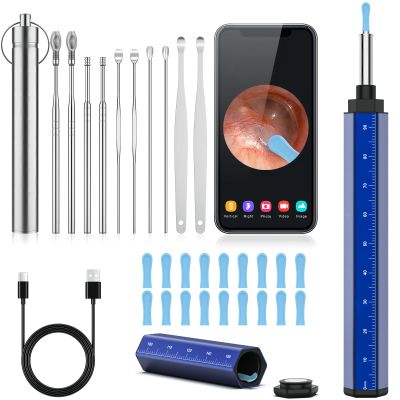 Ear Wax Removal Tool for iOS & Android - 1296P HD Camera Kit with 10 Picks & 18 Silicone Spoons, Safe Ear Cleaning System (Blue)