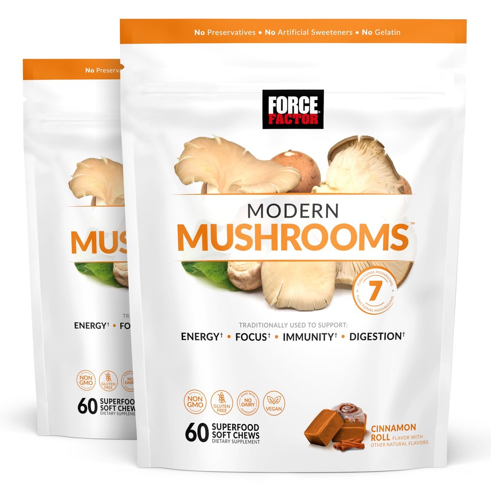 Force Factor Modern Mushrooms Soft Chews, Mushroom Supplement with Lions Mane, Turkey Tail, & Cordyceps to Support Energy, Immunity, & Digestion, Cinnamon Roll, 120 Soft Chews, 2-Pack