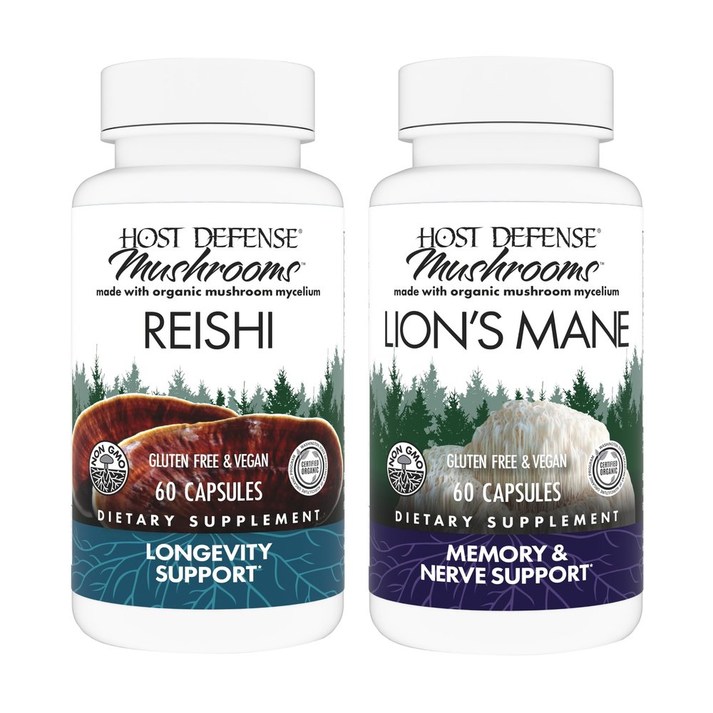 Host Defense Bundle with Reishi Capsules, 60 Count & Lion's Mane Capsules, 60 Count - Support Heart & Immune Health - Support Brain Health, Memory & Focus*