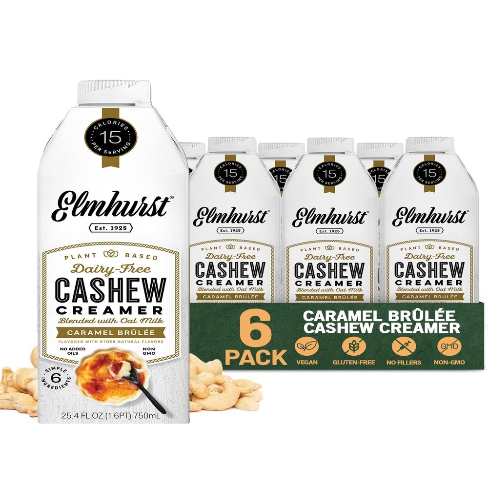 Elmhurst 1925 Caramel Brulee Cashew Creamer - Dairy-Free, Vegan, Kosher, Low Sugar, Shelf Stable Creamer Made with Cashew & Oat Milk for Healthier Coffee, Latte and Smoothies - 25.4 Ounce (Pack of 6)
