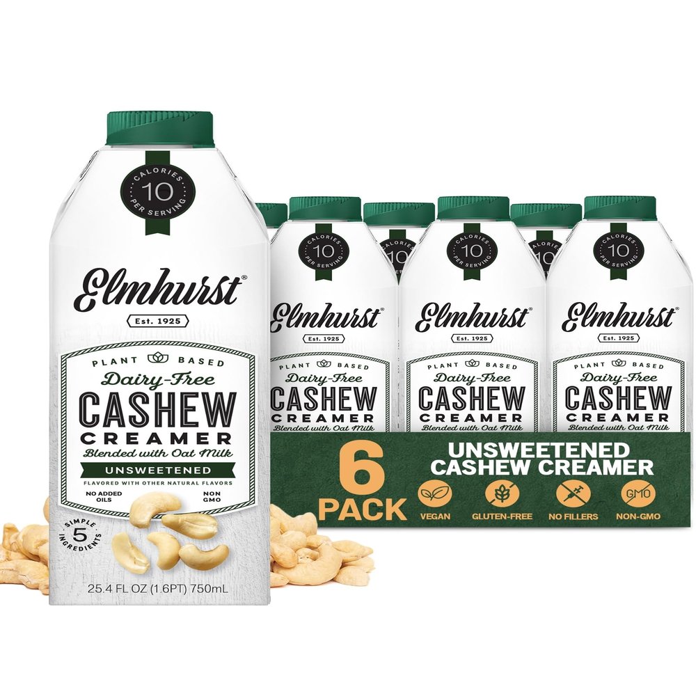 Elmhurst 1925 Unsweetened Cashew Creamer - Dairy-Free, Vegan, Kosher, No Sugar, Shelf Stable Creamer Made with Cashew & Oat Milk for Healthier Coffee, Latte and Smoothies - 25.4 Ounce (Pack of 6)