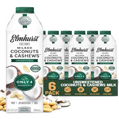 Elmhurst 1925 Unsweetened Coconut & Cashew Milk - 32 Ounce (Pack of 6) Dairy-Free, Gluten-Free, Vegan, Shelf Stable Milk Made w/ Coconut Cream & Cashews for Healthier, Simpler Plant-Based Alternatives