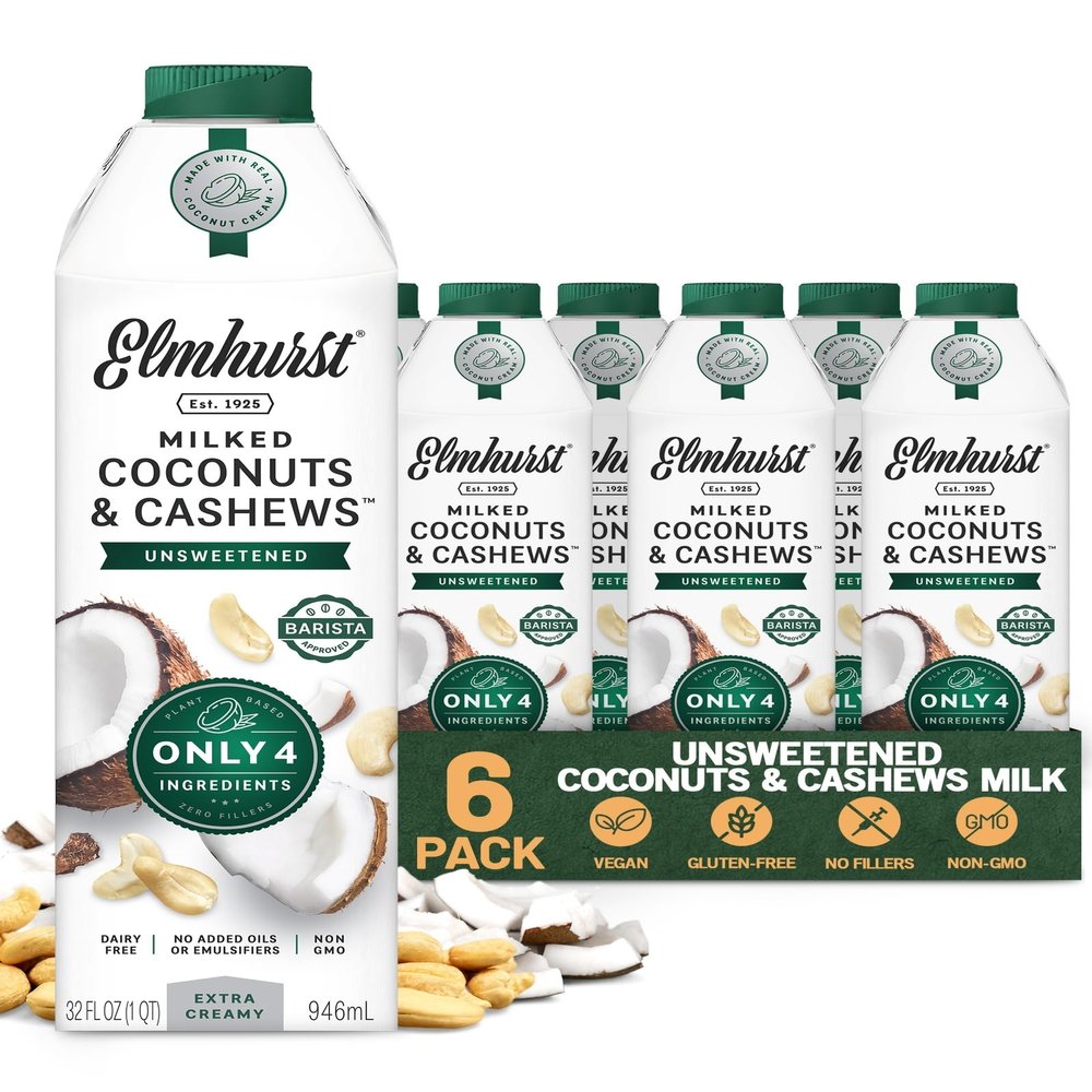 Elmhurst 1925 Unsweetened Coconut & Cashew Milk - 32 Ounce (Pack of 6) Dairy-Free, Gluten-Free, Vegan, Shelf Stable Milk Made w/ Coconut Cream & Cashews for Healthier, Simpler Plant-Based Alternatives