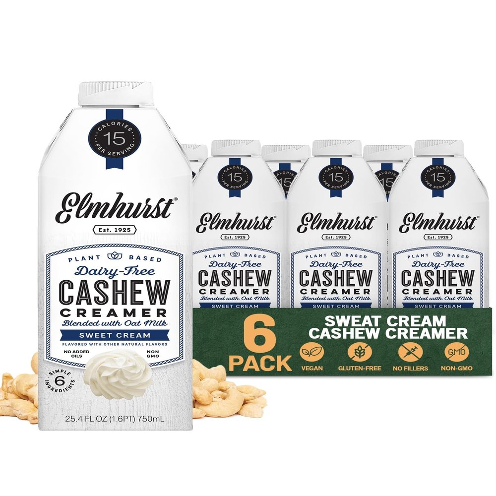 Elmhurst 1925 Sweet Cream Cashew Creamer - Dairy-Free, Vegan, Kosher, Low Sugar, Shelf Stable Creamer Made with Cashew & Oat Milk for Healthier Coffee, Latte and Smoothies - 25.4 Ounce (Pack of 6)
