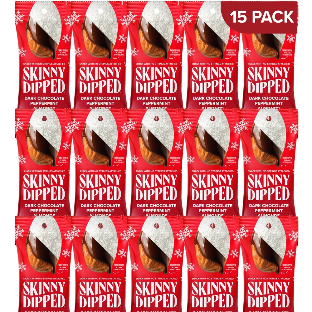 SkinnyDipped Dark Chocolate Peppermint Covered Almonds, Healthy Snack, Plant Protein, Gluten Free, 1.2 Ounce (Pack of 15)