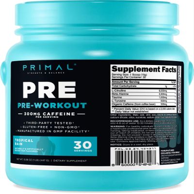 Primal Pre-Workout Tropical Rain Rocket Pop Flavored (30 Servings) - Gluten Free & Non-GMO