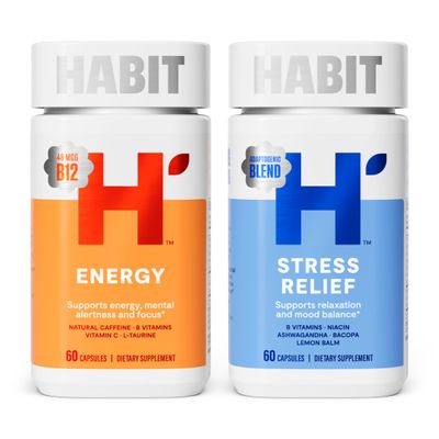 Habit Huge Mood Bundle - Energy (60 Capsules) + Stress Relief (60 Capsules) Supplements. Supports Alertness and Focus, Supports Relaxation & Mood Balance, Vegan, Non-GMO