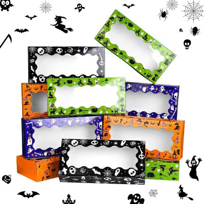 16Pcs Halloween Treat Boxes Halloween Cookie Boxes with Window Ghost Boo Pumpkin Skull Black Cat Pattern Bakery Boxes for Cupcake Candies Donuts for Trick or Treat Party Supplies
