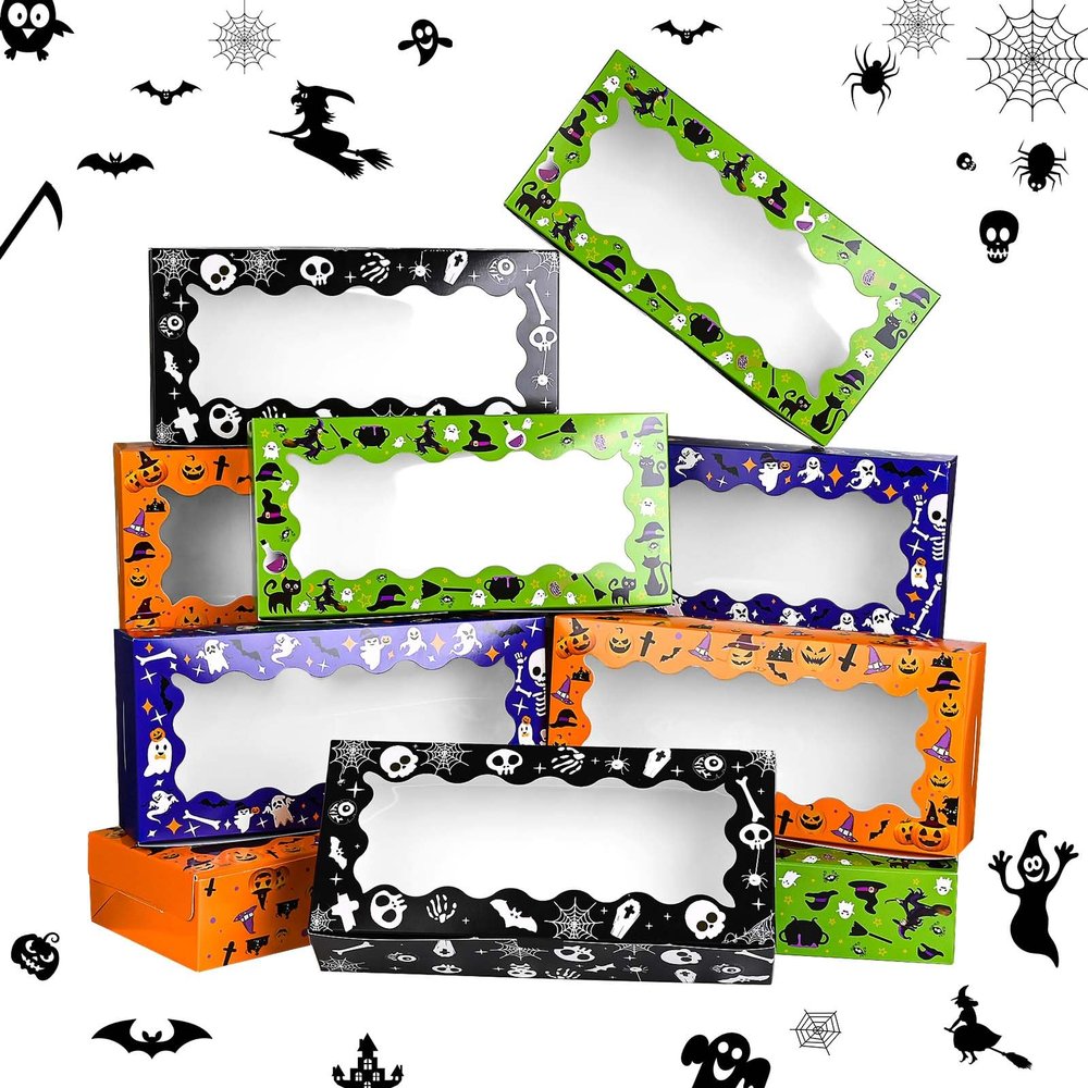 16Pcs Halloween Treat Boxes Halloween Cookie Boxes with Window Ghost Boo Pumpkin Skull Black Cat Pattern Bakery Boxes for Cupcake Candies Donuts for Trick or Treat Party Supplies