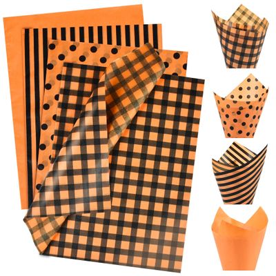 BEISHIDA 100 Sheets Fall Tissue Paper Bulk, 4 Pattern Orange Plaids Dot Stripe Wrapping Tissue Paper for Gift Bags, 14 x 20 Inch for Halloween Fall Bitherday Thanksgiving DIY Crafts Holiday Flowers