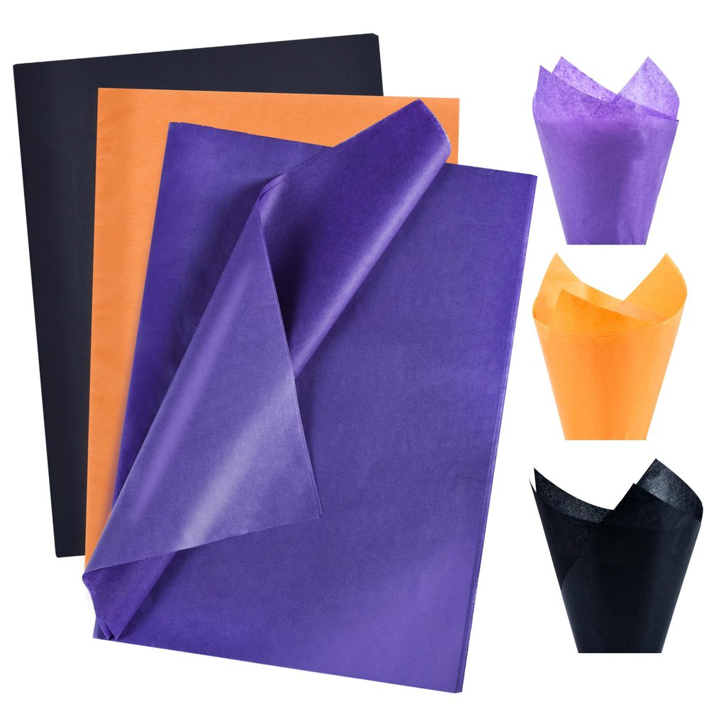 BEISHIDA 90 Sheets Halloween Tissue Paper Bulk, Black Orange Purple Wrapping Tissue Paper for Gift Bags, 14 x 20 Inch Gift Wrap for Halloween DIY Crafts Decor Holiday Flowers