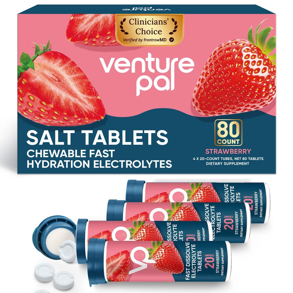 Venture Pal Chewable Electrolyte Tablets, 80 Count Fast-Dissolve Sugar-Free Stick Salt Tablets,Gluten Free  Variety Pack for Rapid Hydration, Outdoor Running, Hiking | Keto & Vegan Friendly | 4 Pack