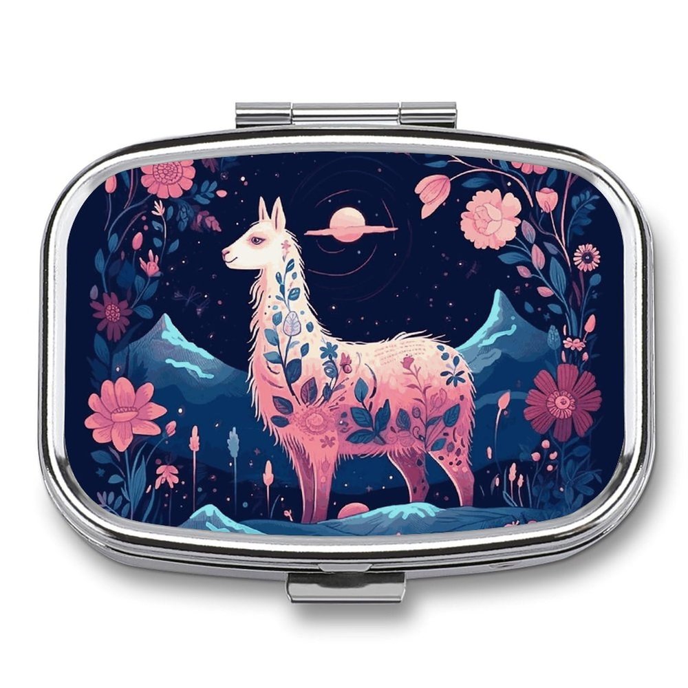 Starry Night Alpaca Pill Case 2 Compartment Medicine Organizer Portable Pill Container Travel Pill Box Case for Purse Square Pill Holder for Pocket