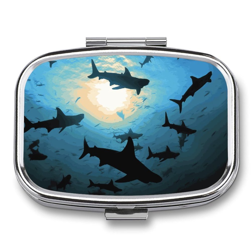 Square Pill Box Hammerhead Sharks Pill Case 2 Compartment Medicine Pill Organizer for Purse & Pocket Portable Travel Pillbox Medicine Vitamin Cod Liver Oil Storage Box Organizer