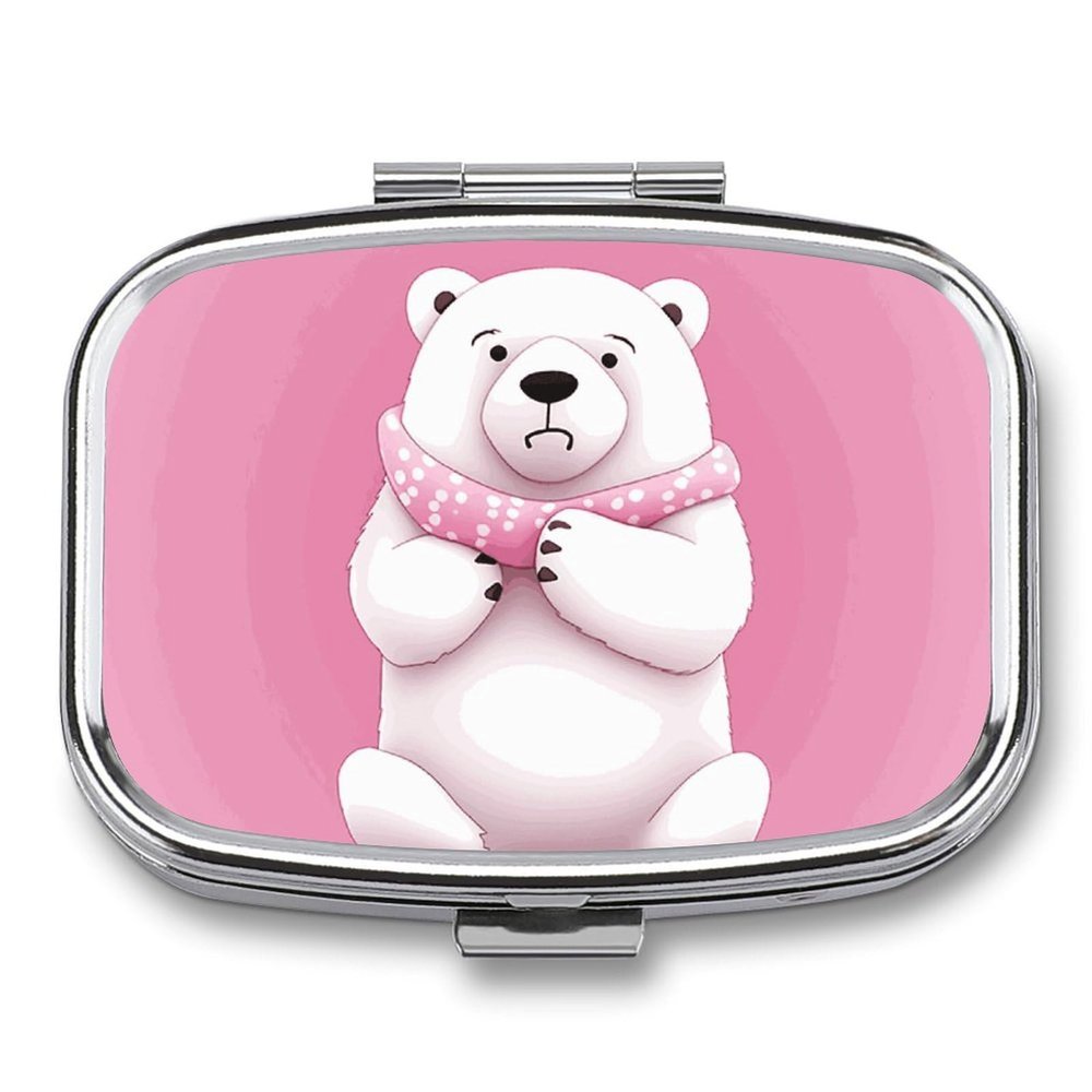 Square Pill Box Polar Bear Pill Case 2 Compartment Medicine Pill Organizer for Purse & Pocket Portable Travel Pillbox Medicine Vitamin Cod Liver Oil Storage Box Organizer