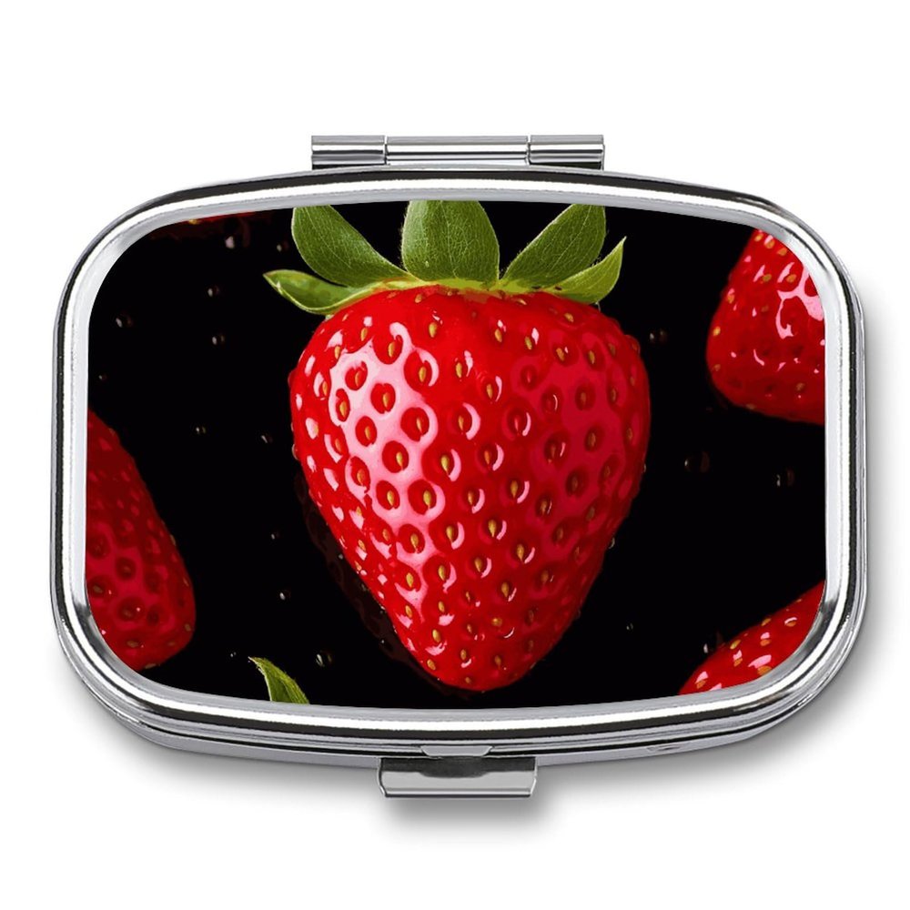 Square Pill Box Strawberry Pill Case 2 Compartment Medicine Pill Organizer for Purse & Pocket Portable Travel Pillbox Medicine Vitamin Cod Liver Oil Storage Box Organizer