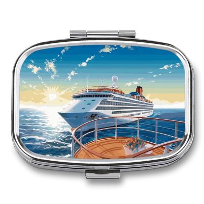 Square Pill Box Summer Sea Cruise Pill Case 2 Compartment Medicine Pill Organizer for Purse & Pocket Portable Travel Pillbox Medicine Vitamin Cod Liver Oil Storage Box Organizer