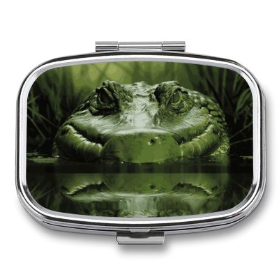 Square Pill Box Gator Lurking Green Pill Case 2 Compartment Medicine Pill Organizer for Purse & Pocket Portable Travel Pillbox Medicine Vitamin Cod Liver Oil Storage Box Organizer