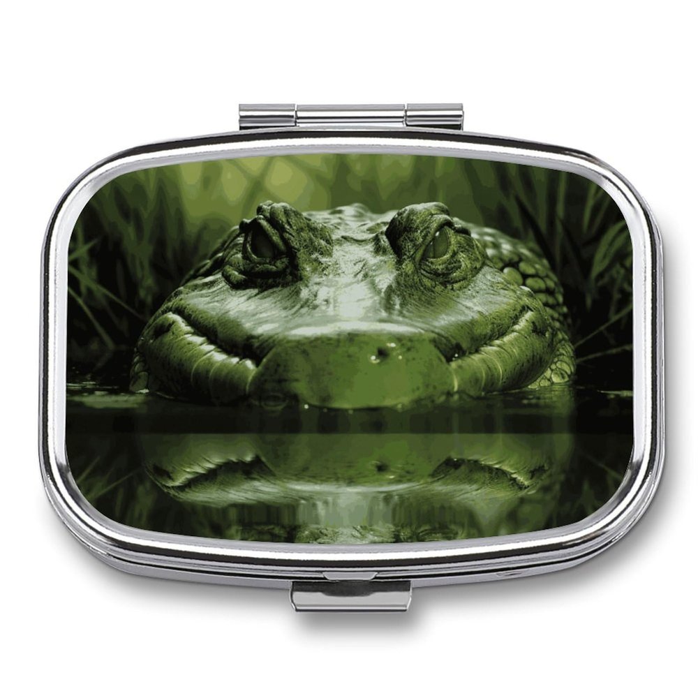 Square Pill Box Gator Lurking Green Pill Case 2 Compartment Medicine Pill Organizer for Purse & Pocket Portable Travel Pillbox Medicine Vitamin Cod Liver Oil Storage Box Organizer