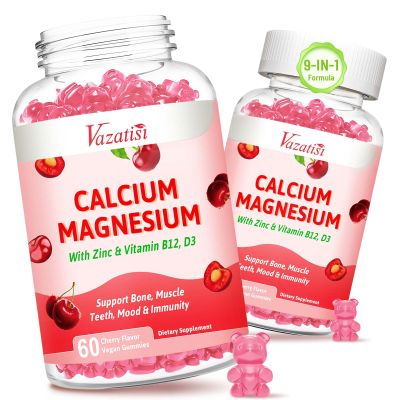 2 Pack Calcium Magnesium Zinc Gummies, Calcium Magnesium 2:1 Ratio with Vitamin D3 & B12 for Suppor Muscle, Mood and Immunity, 120 Vegan Cherry Flavor Gummies