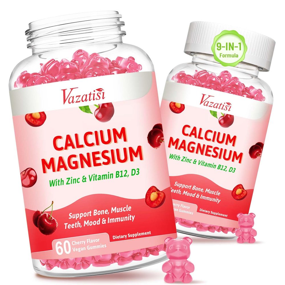 2 Pack Calcium Magnesium Zinc Gummies, Calcium Magnesium 2:1 Ratio with Vitamin D3 & B12 for Suppor Muscle, Mood and Immunity, 120 Vegan Cherry Flavor Gummies