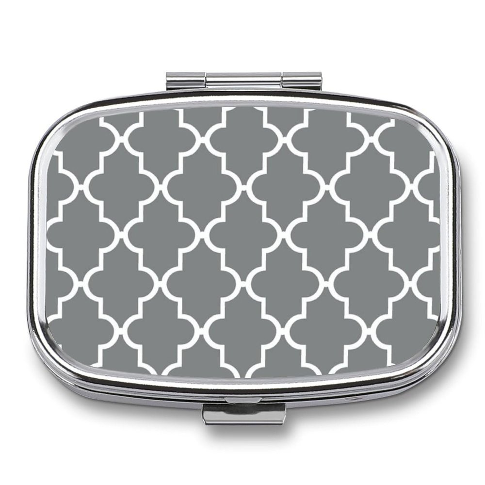 EKYOSHCZ Square Pill Box Quatrefoil Grey Pill Case 2 Compartment Medicine Pill Organizer for Purse & Pocket Portable Travel Pillbox Medicine Vitamin Cod Liver Oil Storage Box Organizer, Style-1