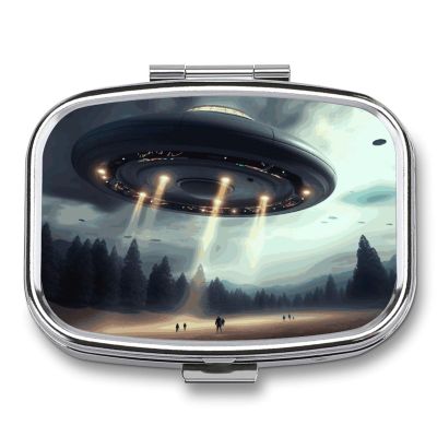 Square Pill Box UFO Landing Pill Case 2 Compartment Medicine Pill Organizer for Purse & Pocket Portable Travel Pillbox Medicine Vitamin Cod Liver Oil Storage Box Organizer