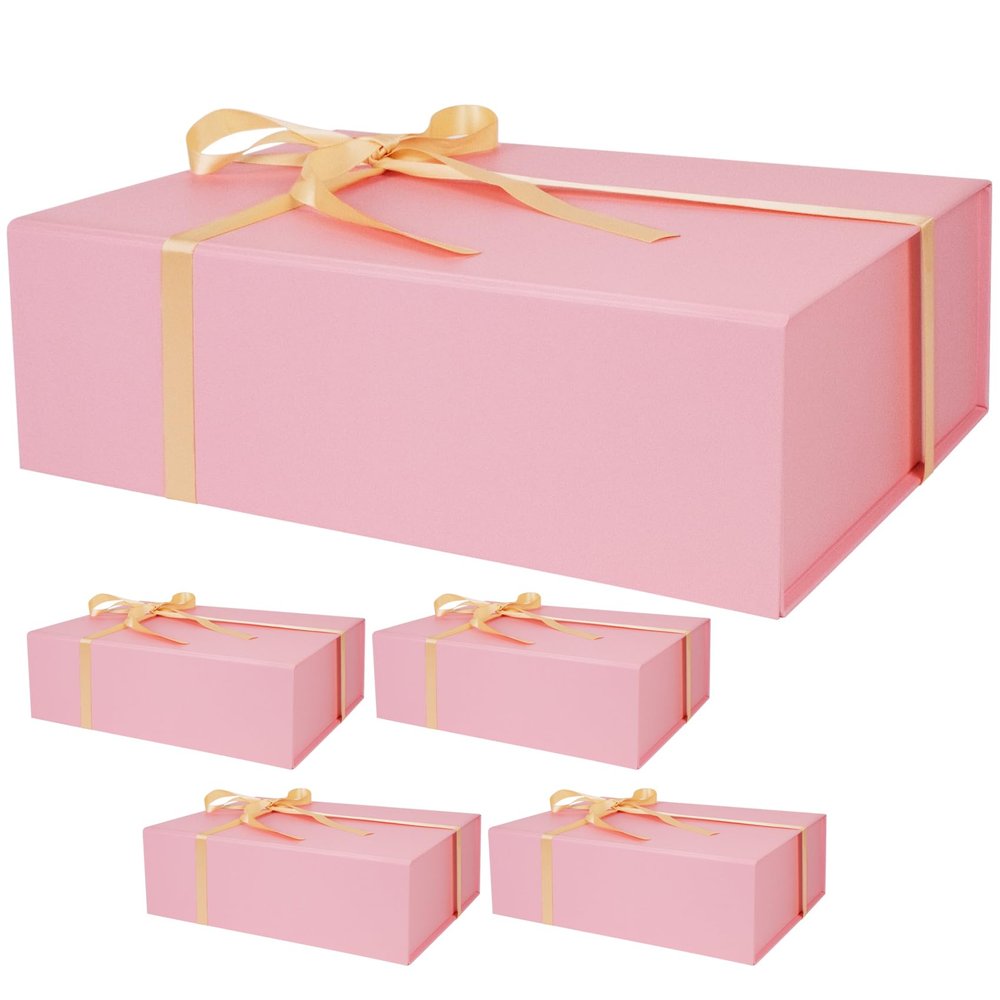 RayofSun Pink Gift Box,13.8" x 9" x 4.3" Large Groomsmen Proposal Box with Magnetic Closure Lid and Ribbon for Anniversary Wedding Birthday Graduation Festivals (5 Pack)