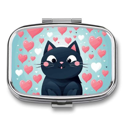 Square Pill Box Cute Heart Cat Pill Case 2 Compartment Medicine Pill Organizer for Purse & Pocket Portable Travel Pillbox Medicine Vitamin Cod Liver Oil Storage Box Organizer