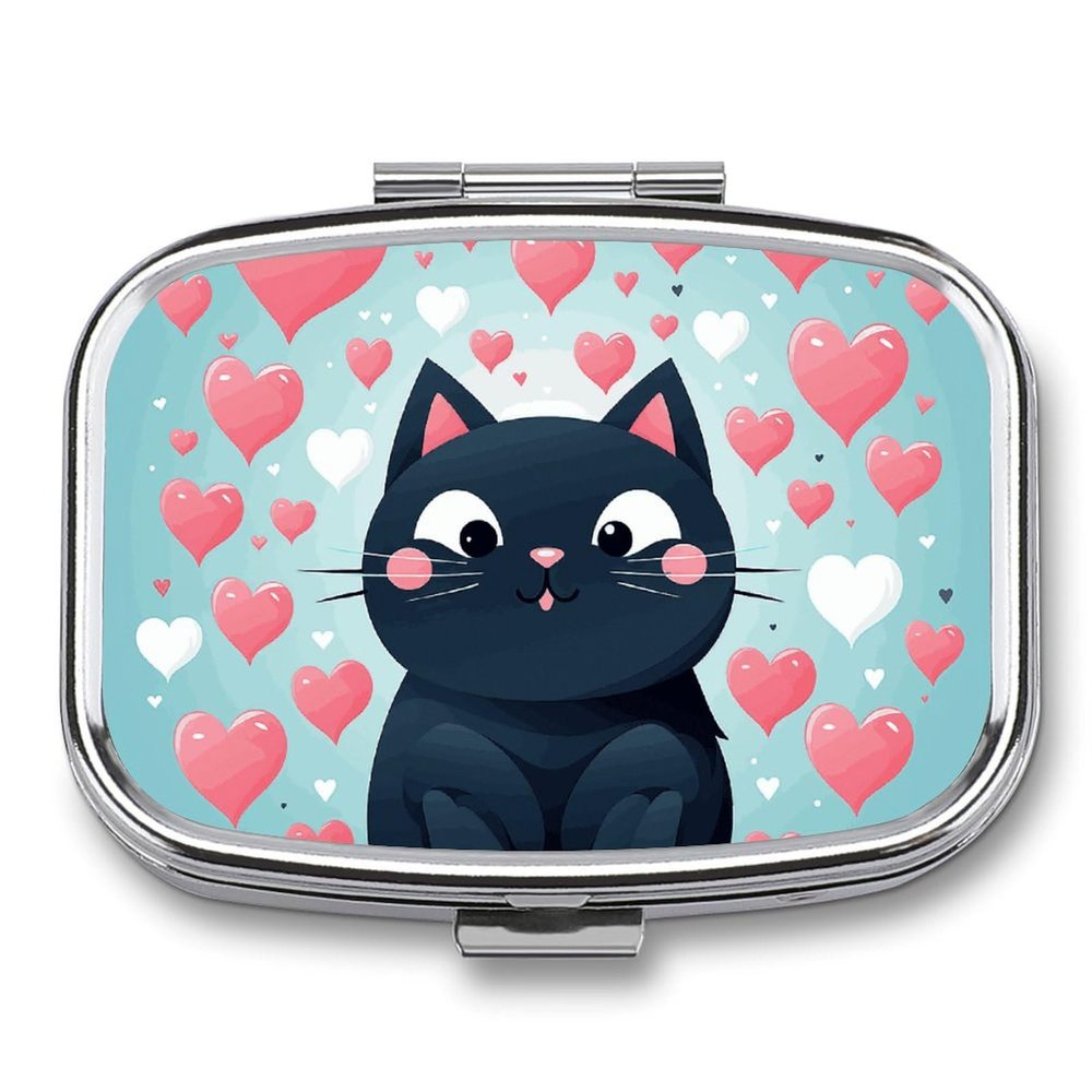 Square Pill Box Cute Heart Cat Pill Case 2 Compartment Medicine Pill Organizer for Purse & Pocket Portable Travel Pillbox Medicine Vitamin Cod Liver Oil Storage Box Organizer