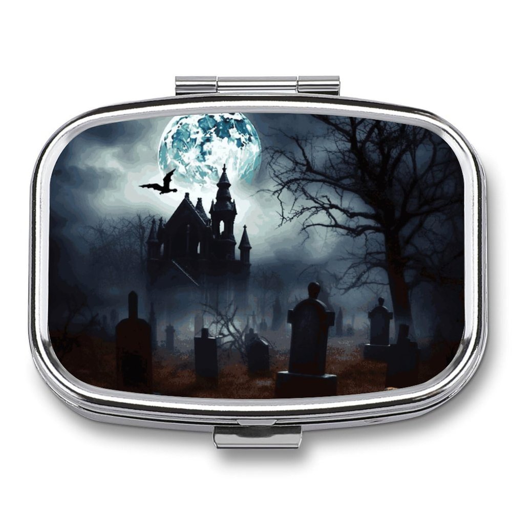 Square Pill Box Gothic Happy Halloween Pill Case 2 Compartment Medicine Pill Organizer for Purse & Pocket Portable Travel Pillbox Medicine Vitamin Cod Liver Oil Storage Box Organizer