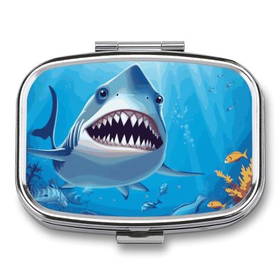 Square Pill Box Smiling Shark Pill Case 2 Compartment Medicine Pill Organizer for Purse & Pocket Portable Travel Pillbox Medicine Vitamin Cod Liver Oil Storage Box Organizer