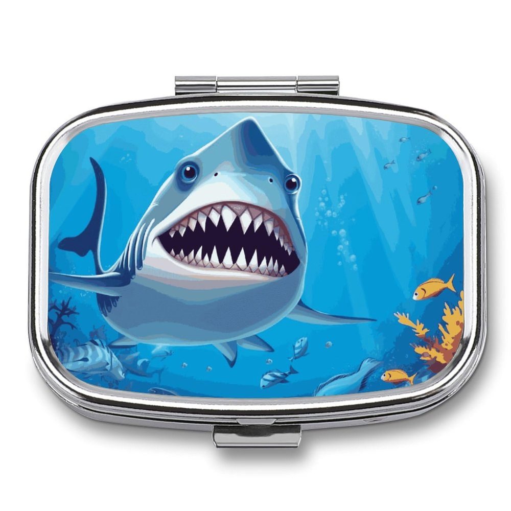 Square Pill Box Smiling Shark Pill Case 2 Compartment Medicine Pill Organizer for Purse & Pocket Portable Travel Pillbox Medicine Vitamin Cod Liver Oil Storage Box Organizer
