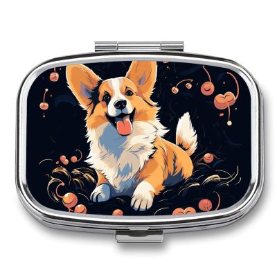 Square Pill Box Corgi Dog on Dark Background Pill Case 2 Compartment Medicine Pill Organizer for Purse & Pocket Portable Travel Pillbox Medicine Vitamin Cod Liver Oil Storage Box Organizer