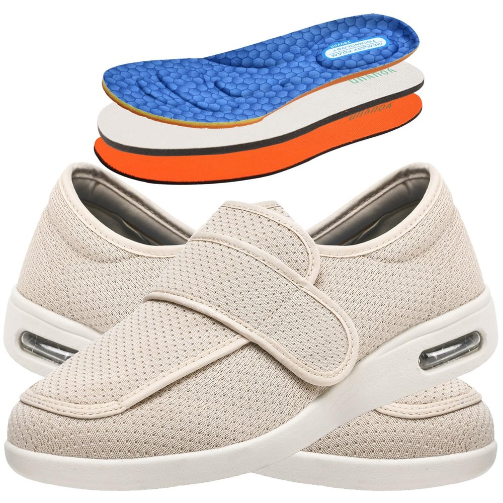 Mge Womens Wide Width Shoes Adjustable Strap Sneakers for Elderly Diabetic Plantar Fasciitis Swollen Feet Plantar Fasciitis Arch Support Walking Slippers for Foot and Ankle Pain Relief(Beige,8.5)