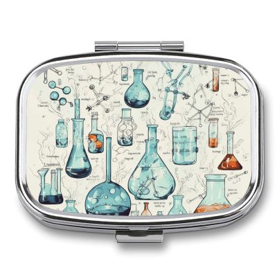 Square Pill Box Chemistry Print Pill Case 2 Compartment Medicine Pill Organizer for Purse & Pocket Portable Travel Pillbox Medicine Vitamin Cod Liver Oil Storage Box Organizer