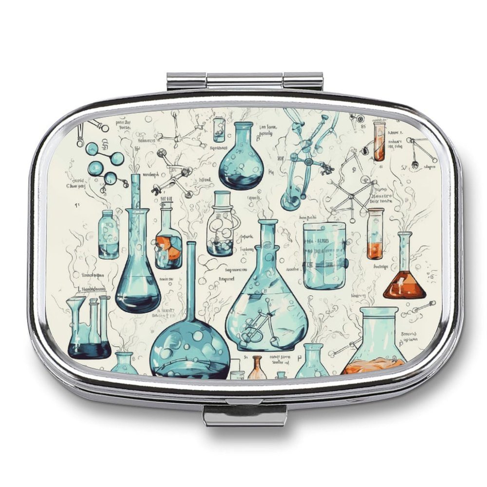 Square Pill Box Chemistry Print Pill Case 2 Compartment Medicine Pill Organizer for Purse & Pocket Portable Travel Pillbox Medicine Vitamin Cod Liver Oil Storage Box Organizer