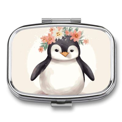 Square Pill Box Penguin Wearing Flowers Pill Case 2 Compartment Medicine Pill Organizer for Purse & Pocket Portable Travel Pillbox Medicine Vitamin Cod Liver Oil Storage Box Organizer