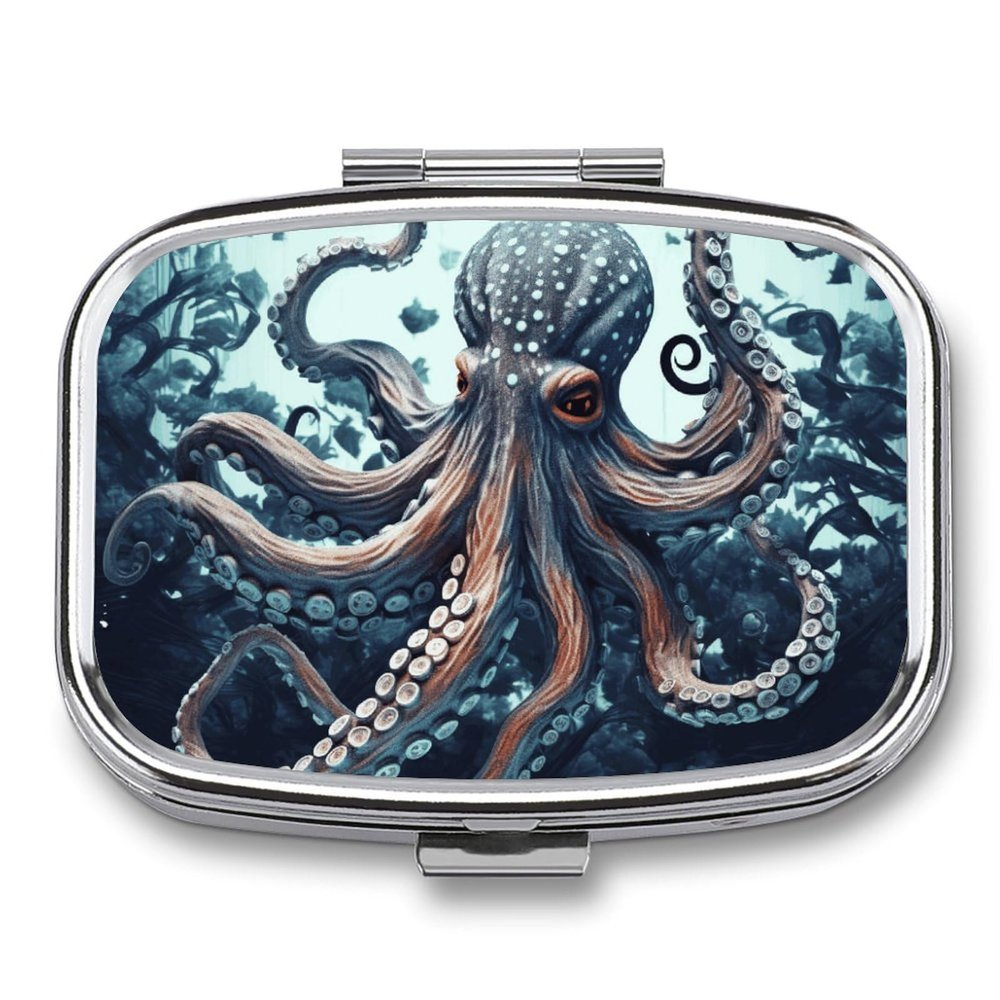 EKYOSHCZ Square Pill Box Cool Octopus Pill Case 2 Compartment Medicine Pill Organizer for Purse & Pocket Portable Travel Pillbox Medicine Vitamin Cod Liver Oil Storage Box Organizer, Style-5