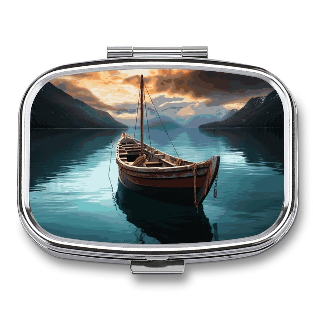 Square Pill Box Fishing Boat Pill Case 2 Compartment Medicine Pill Organizer for Purse & Pocket Portable Travel Pillbox Medicine Vitamin Cod Liver Oil Storage Box Organizer