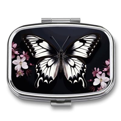 Square Pill Box Black White Butterfly Pill Case 2 Compartment Medicine Pill Organizer for Purse & Pocket Portable Travel Pillbox Medicine Vitamin Cod Liver Oil Storage Box Organizer