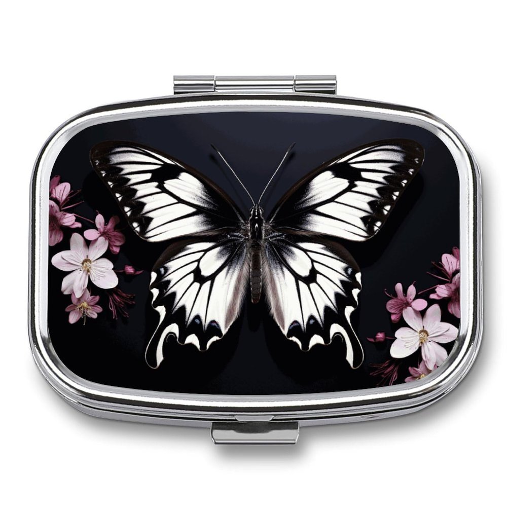Square Pill Box Black White Butterfly Pill Case 2 Compartment Medicine Pill Organizer for Purse & Pocket Portable Travel Pillbox Medicine Vitamin Cod Liver Oil Storage Box Organizer