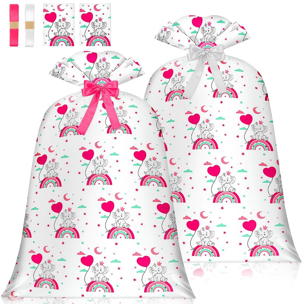 Jumbo Gift Bag for Baby Shower - Extra Large Pink Elephant Rainbow Big Gift Bag for Baby Girl - Oversized Present Bag (48inch 2Pack)