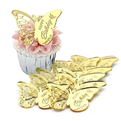 12 Pieces Acrylic Happy Birthday Butterfly Cupcake Toppers for Party, Engraved Mirror Acrylic Cake Disc for DIY Cupcake Decoration (Gold)